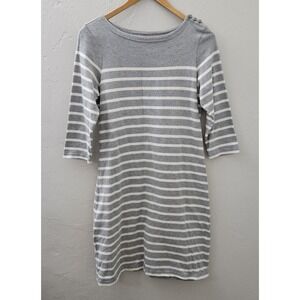 L.L. Bean Womens Size Medium Gray White Stripe Dress 100% Cotton Sailor Buttons‎